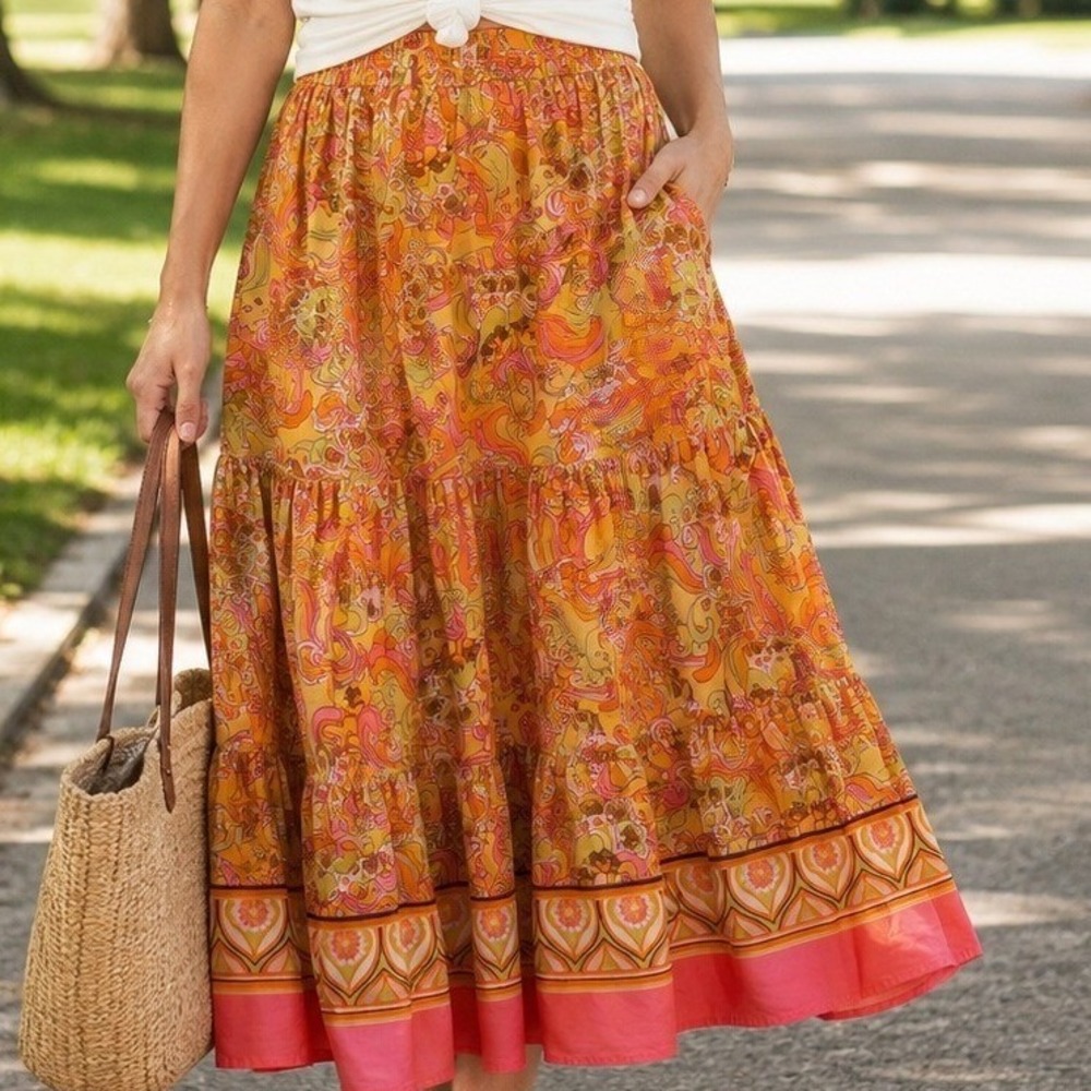 Ivy Jane Womens Orange Paisley Tiered Cotton Maxi Skirt Pockets 70's retro Small